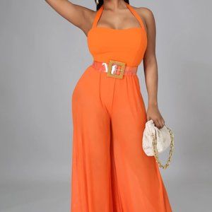 GitiOnline Orange Sheer Wide Leg Stretch Jumpsuit